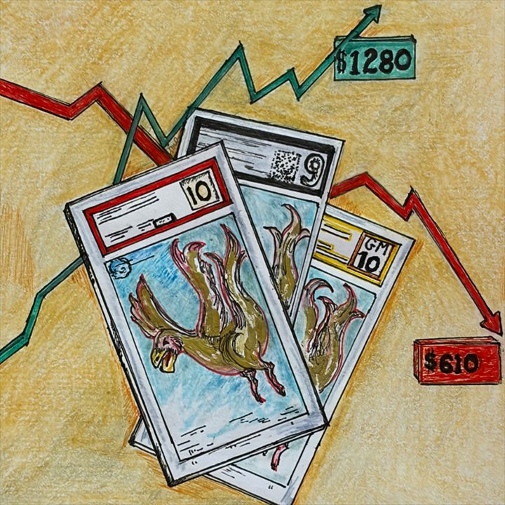 The Monster Comps icon: hand-drawn graded cards in front of a rising green and a falling red price line, $1280 and $610